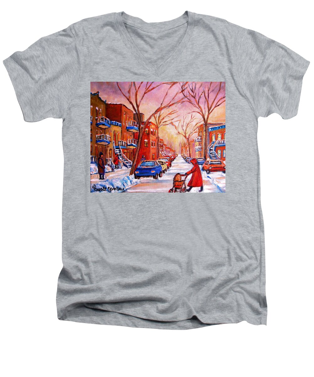 Montreal Men's V-Neck T-Shirt featuring the painting Out for a Walk with Mom by Carole Spandau