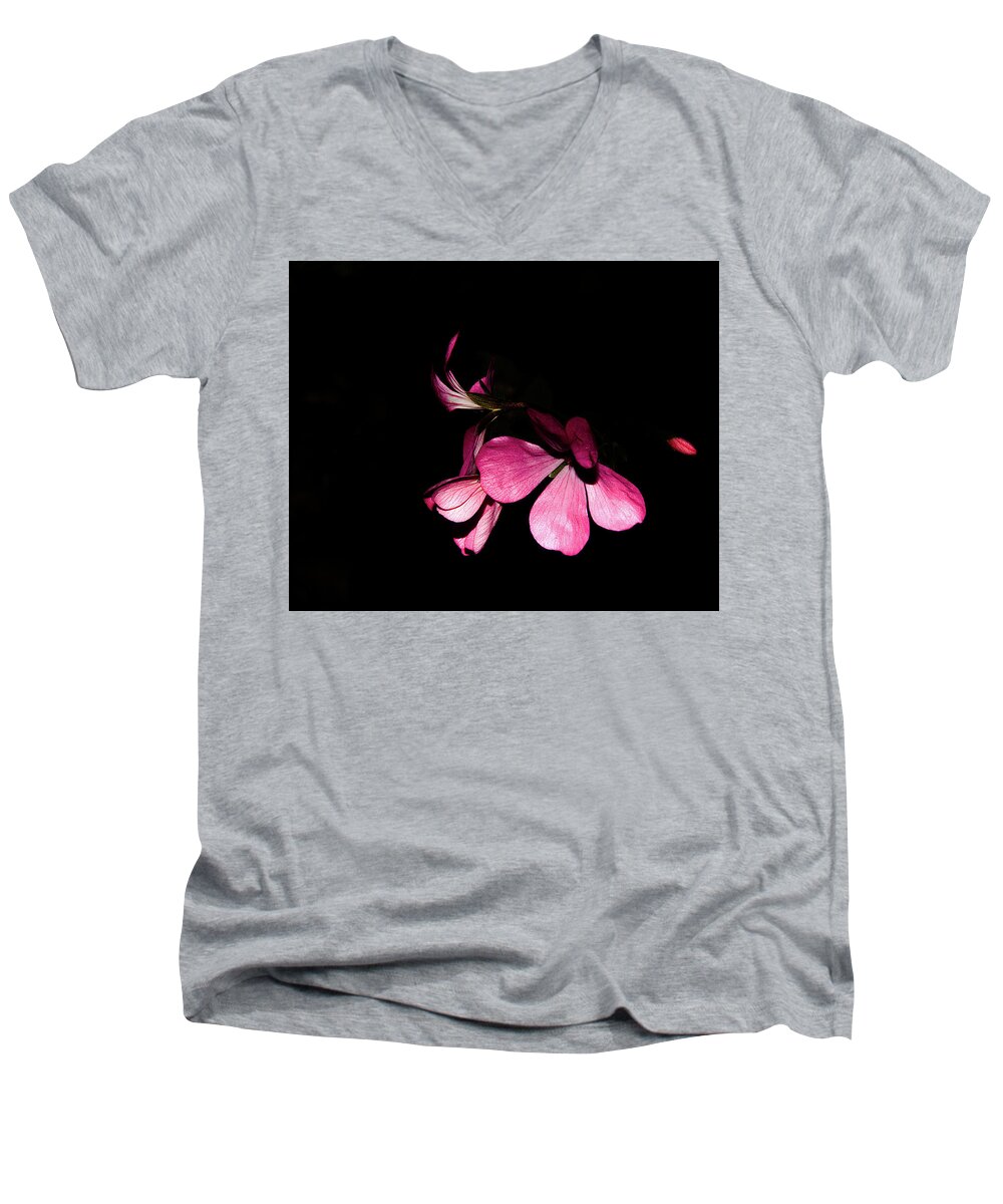 Geranium Men's V-Neck T-Shirt featuring the photograph Out of the darkness by Camille Lopez