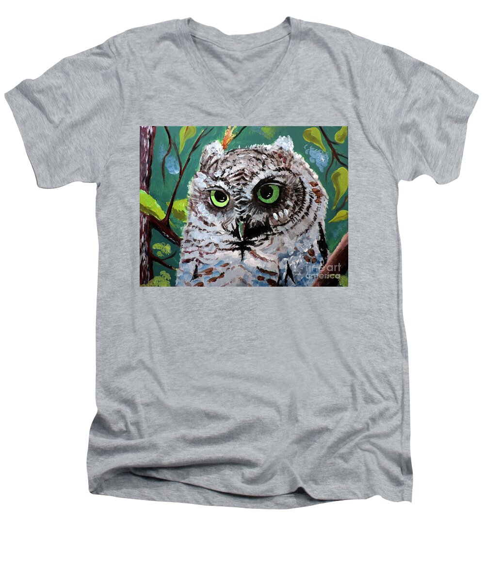 Baby Owl Men's V-Neck T-Shirt featuring the painting Owl Be Seeing You by Tom Riggs