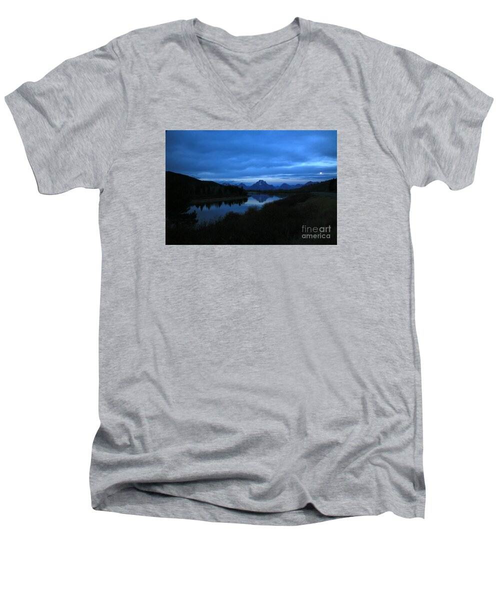 Oxbow Men's V-Neck T-Shirt featuring the photograph Oxbow Moon by Timothy Johnson