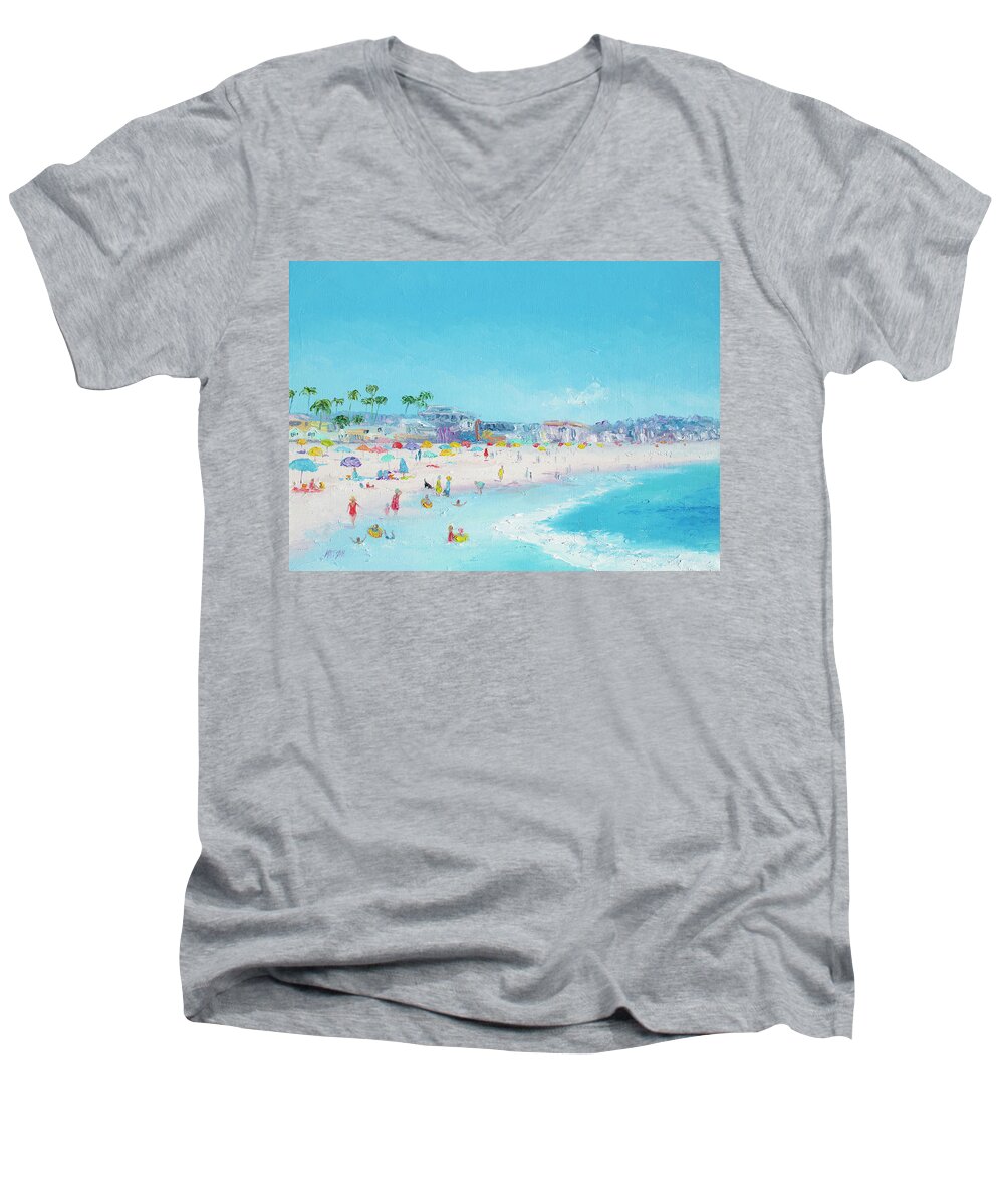 Pacific Beach Men's V-Neck T-Shirt featuring the painting Pacific Beach in San Diego by Jan Matson