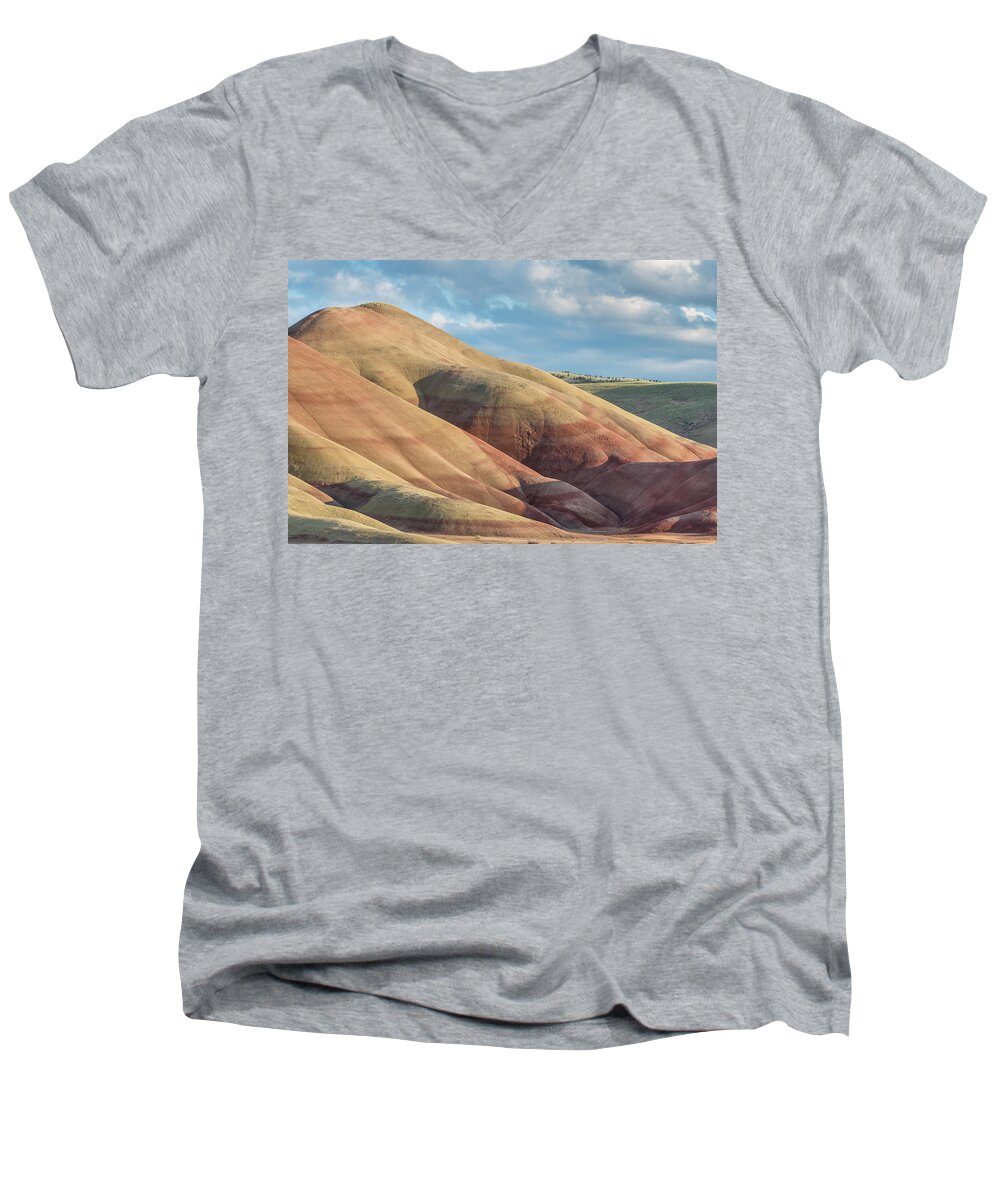 Painted Hills Men's V-Neck T-Shirt featuring the photograph Painted Hill and Clouds by Greg Nyquist