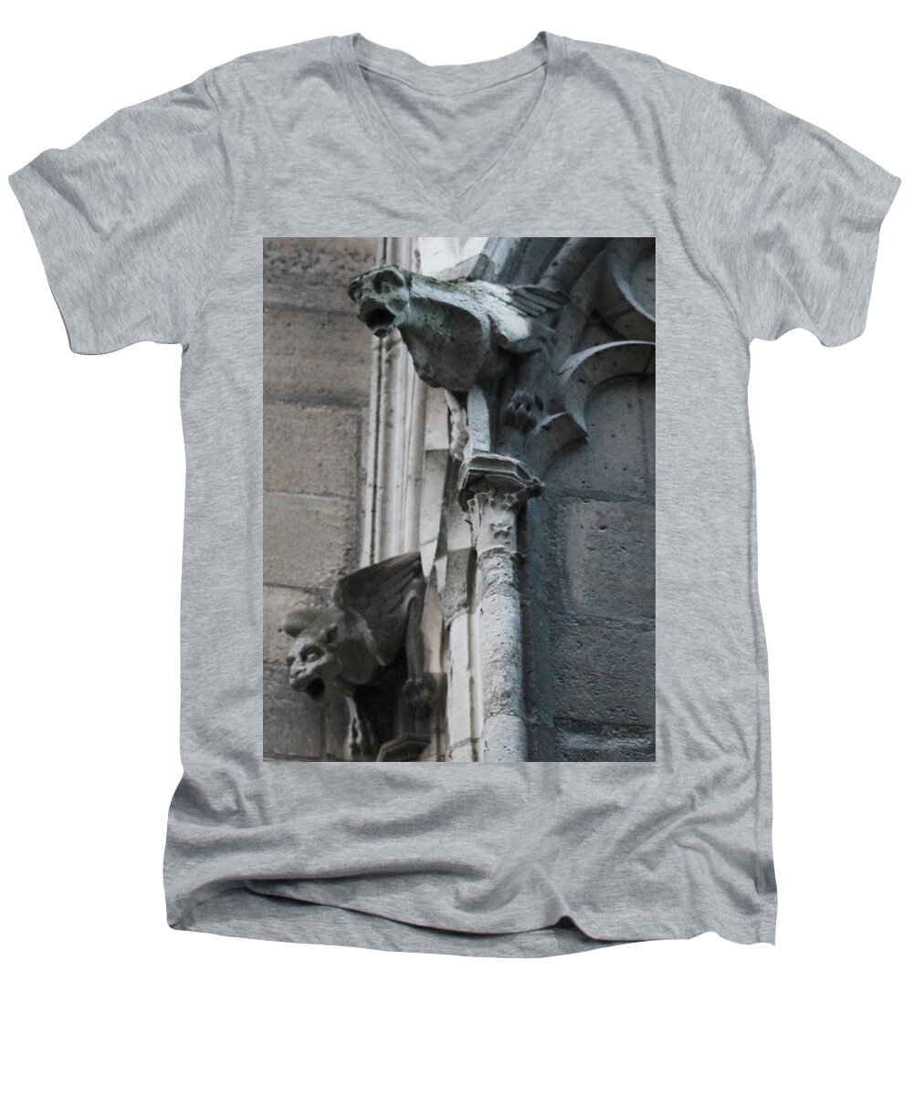 Notre Dame Cathedral Men's V-Neck T-Shirt featuring the photograph Pair of Griffons of Notre Dame by Christopher J Kirby