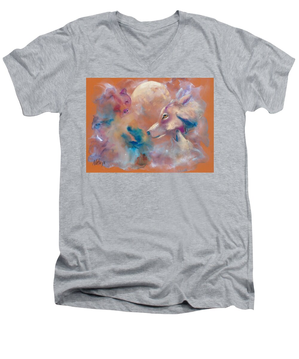 Wolf Men's V-Neck T-Shirt featuring the painting Pale Moon Rising by Nataya Crow