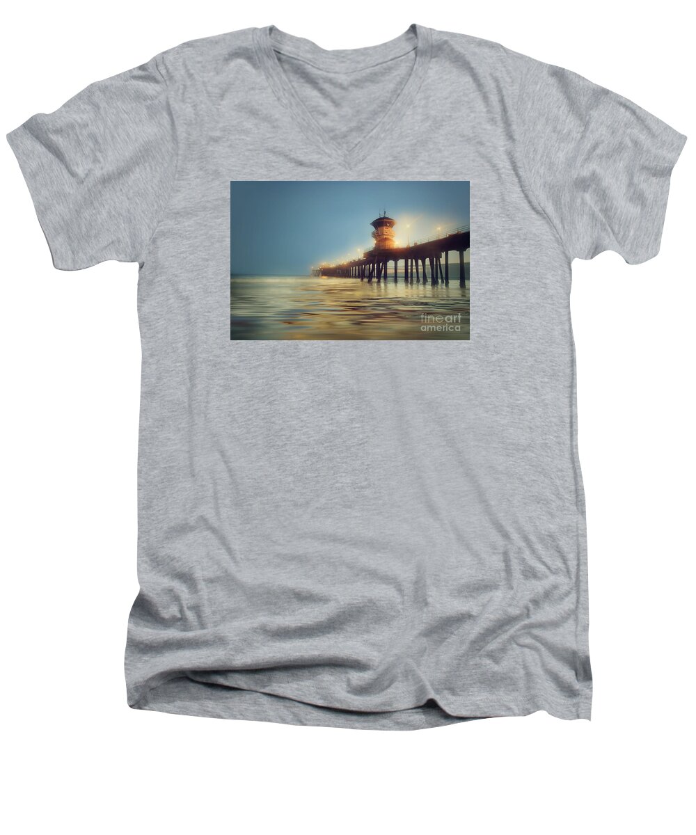 Pier Men's V-Neck T-Shirt featuring the photograph Pastel Evening at Huntington Beach Pier by Susan Gary