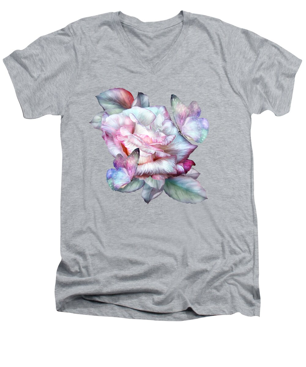 Carol Cavalaris Men's V-Neck T-Shirt featuring the mixed media Pastel Rose And Butterflies by Carol Cavalaris
