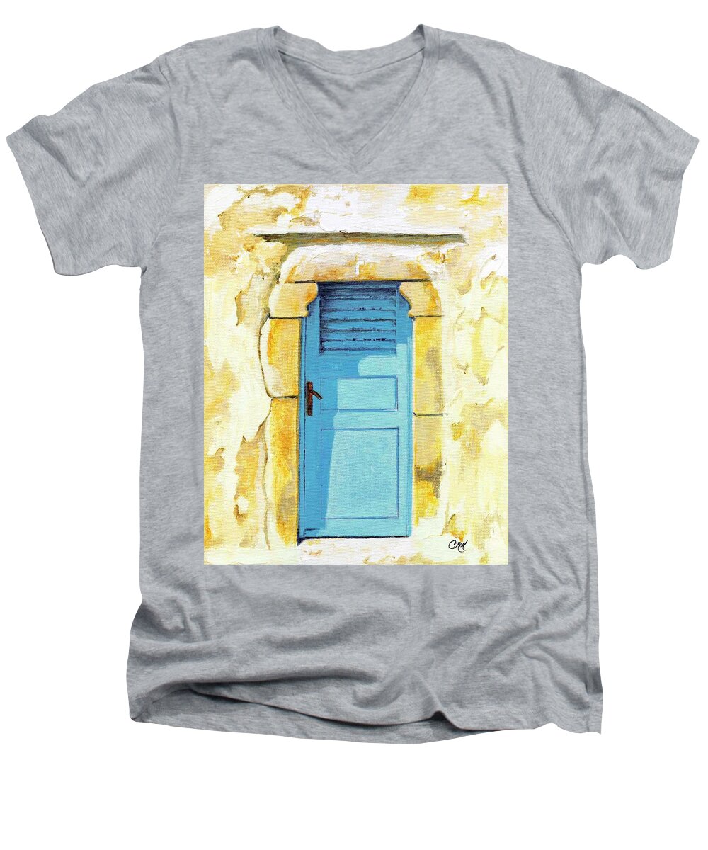 Door Men's V-Neck T-Shirt featuring the painting Patmos Door by Carol McCarty