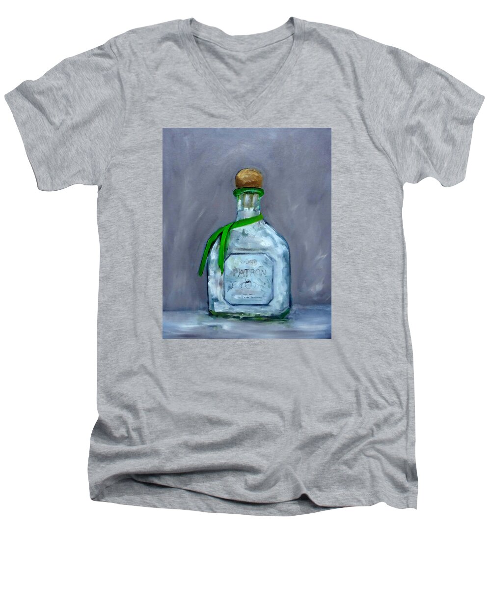Man Cave Men's V-Neck T-Shirt featuring the painting Patron Silver Tequila Bottle Man Cave by Katy Hawk