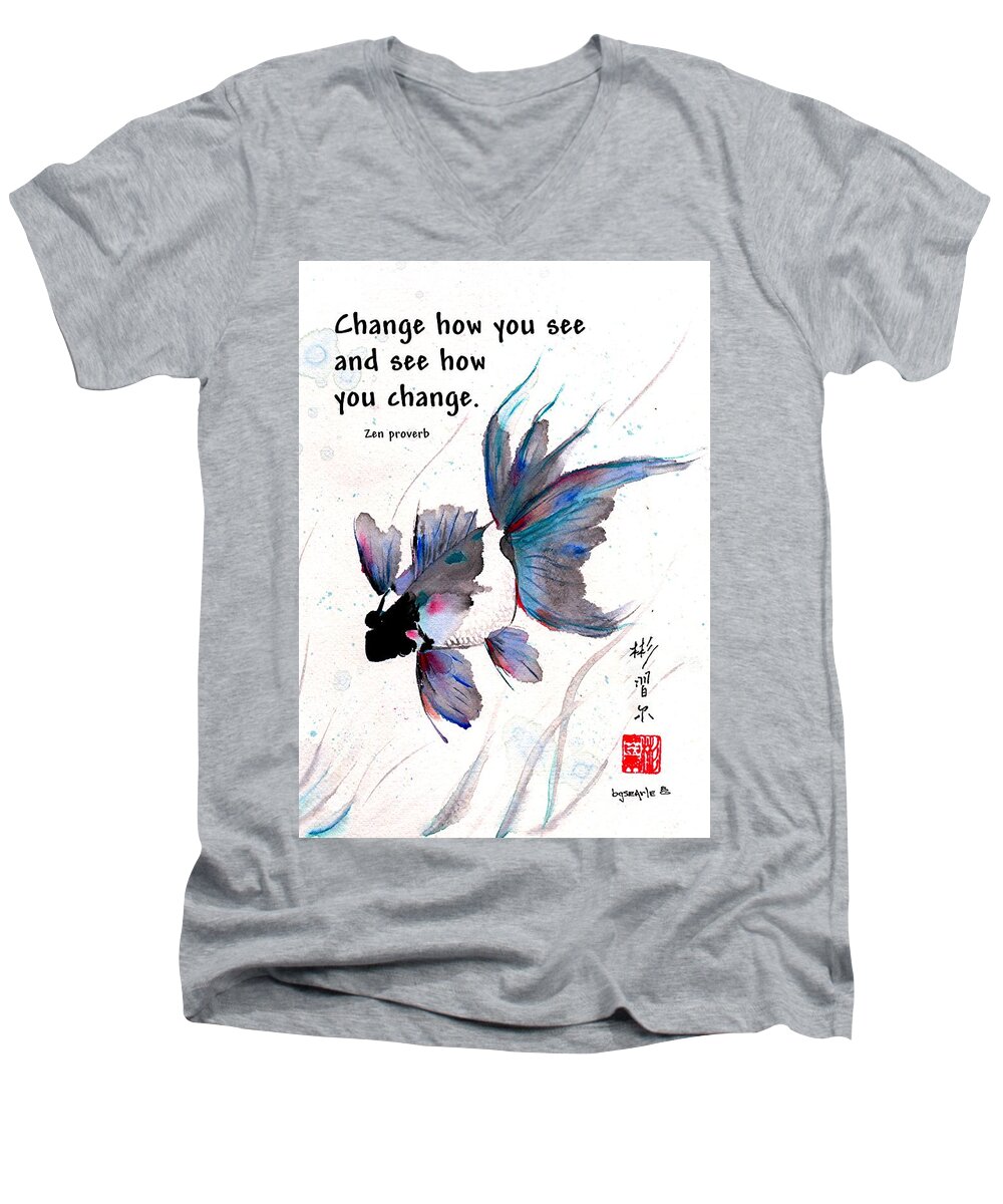 Chinese Brush Painting Men's V-Neck T-Shirt featuring the painting Peace in Change with Zen proverb by Bill Searle
