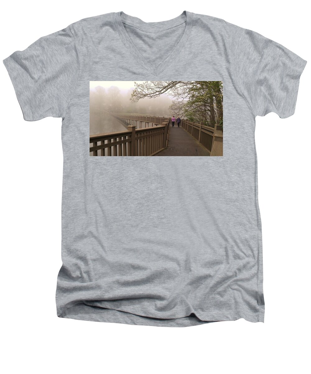 Fog Men's V-Neck T-Shirt featuring the photograph Pedestrian Bridge Early Morning by Chuck Brown