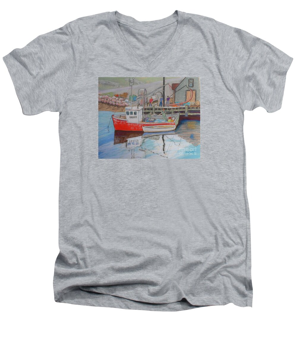Pastels Men's V-Neck T-Shirt featuring the pastel Peggy's Cove Fishermen by Rae Smith