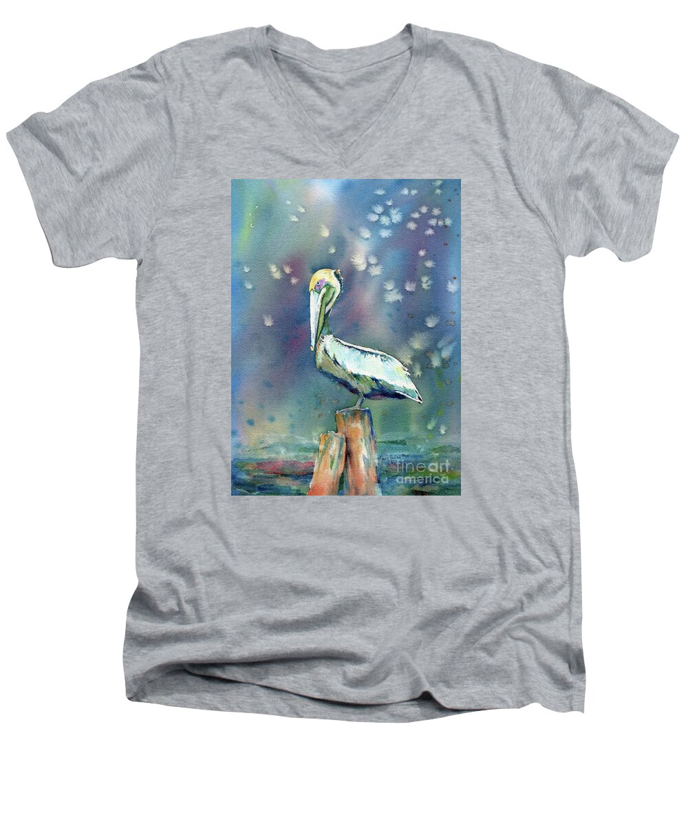 Pelican Men's V-Neck T-Shirt featuring the painting Pelican by Mary Haley-Rocks