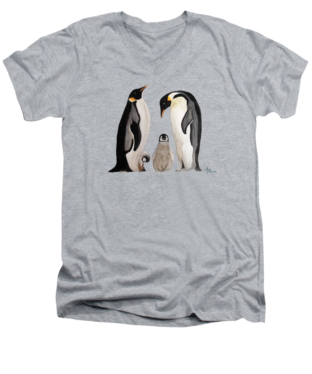 Emperor Penguin Men's V-Neck T-Shirt featuring the painting Penguin Family Watercolor by Angeles M Pomata