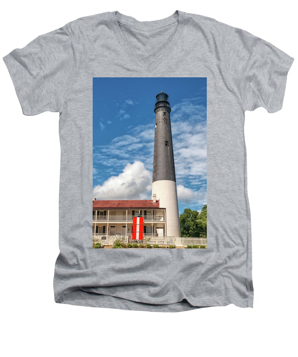 Functional Lighthouse Men's V-Neck T-Shirt featuring the photograph Pensacola Lighthouse by Victor Culpepper
