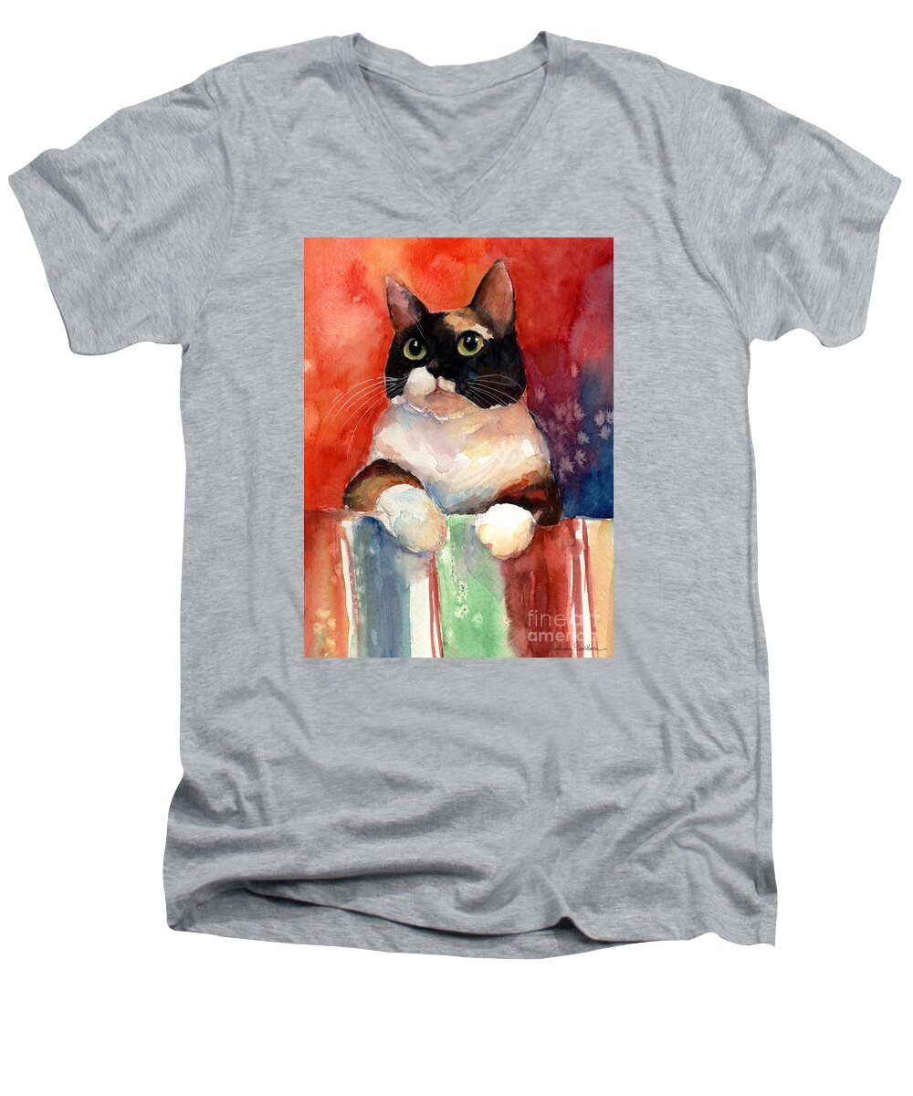 Calico Cat Men's V-Neck T-Shirt featuring the painting Pensive Calico Tubby Cat watercolor painting by Svetlana Novikova