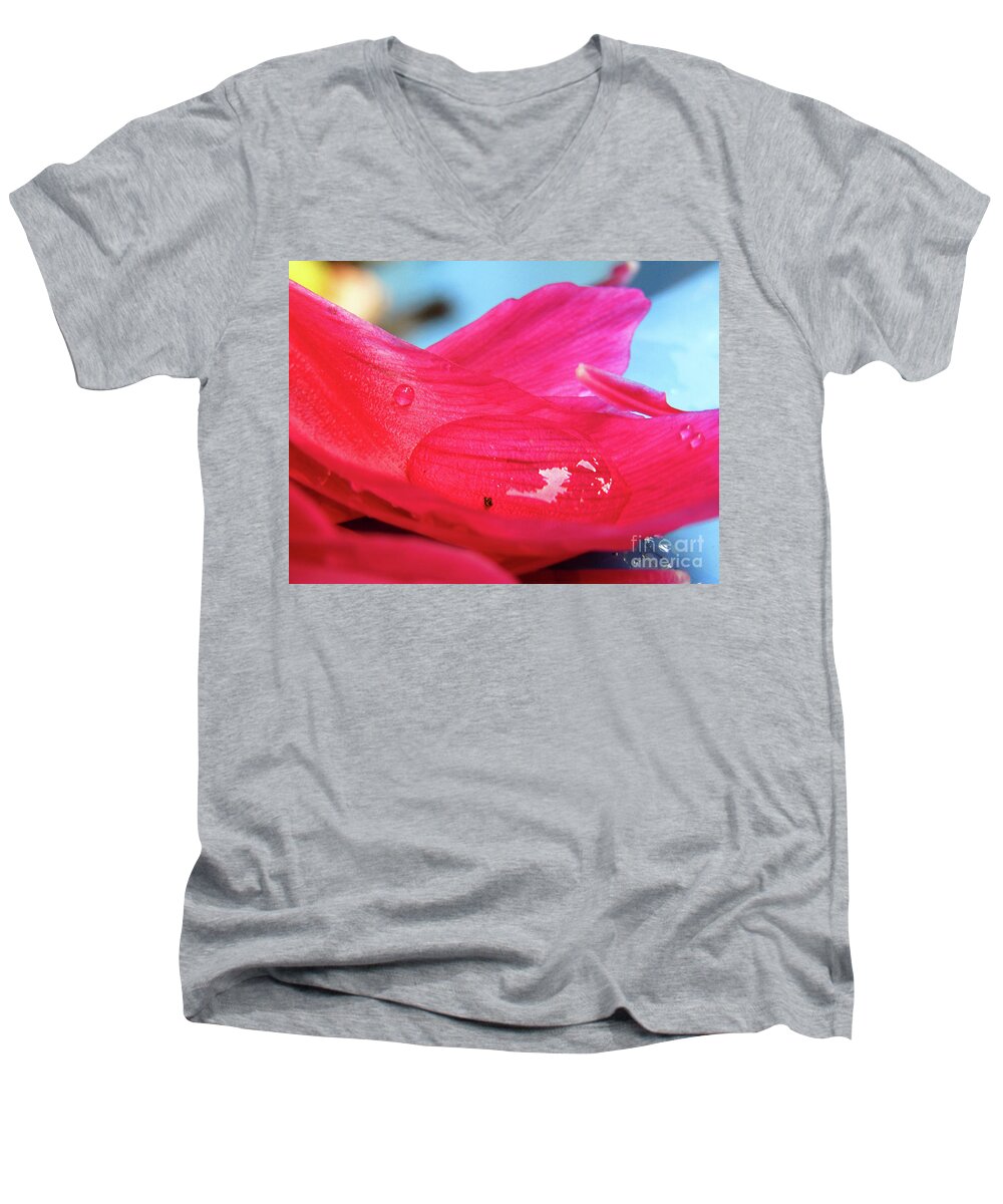 Peony Men's V-Neck T-Shirt featuring the photograph Peony Drops by Kim Tran