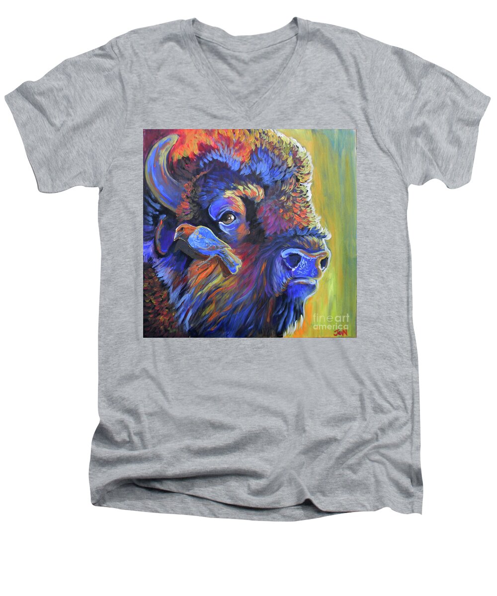 Bison Men's V-Neck T-Shirt featuring the painting Pesky Cowbird by Jenn Cunningham