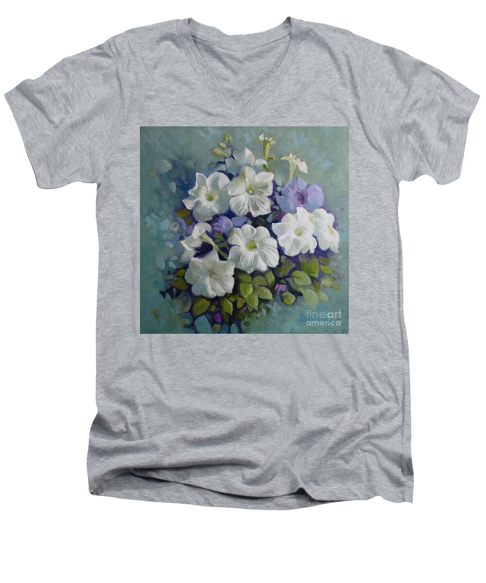 Petunia Men's V-Neck T-Shirt featuring the painting Petunias symphony by Elena Oleniuc