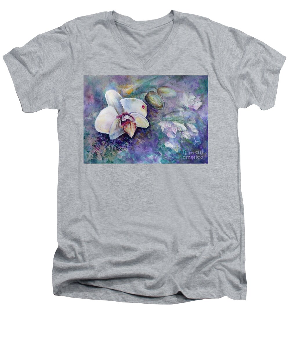 Phalaenopsis Orchid With Hyacinth Background Men's V-Neck T-Shirt featuring the painting Phalaenopsis Orchid with Hyacinth Background by Ryn Shell