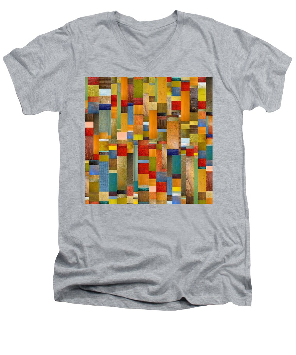 Multicolored Men's V-Neck T-Shirt featuring the painting Pieces Parts by Michelle Calkins