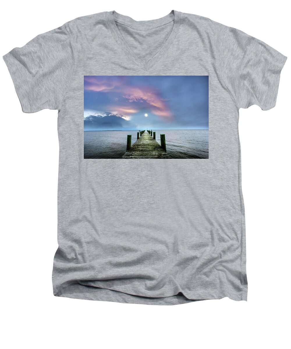 Pier Men's V-Neck T-Shirt featuring the photograph Pier to the Moon by Patrick Wolf
