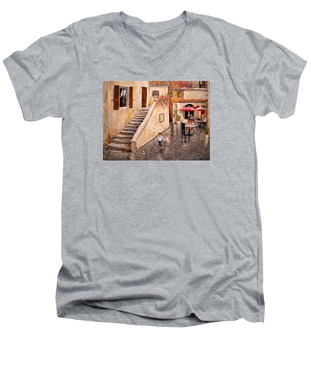 Rome Men's V-Neck T-Shirt featuring the painting Pigeon Pigeon Pigeon Pie by Alan Lakin