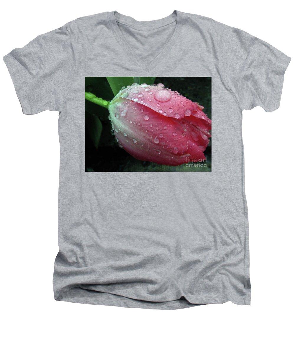 Tulips Men's V-Neck T-Shirt featuring the photograph Pink Drops 2 by Kim Tran