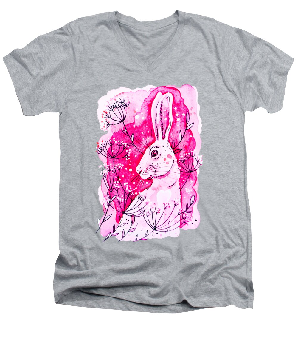 Hare Men's V-Neck T-Shirt featuring the painting Pink Hare by Zaira Dzhaubaeva