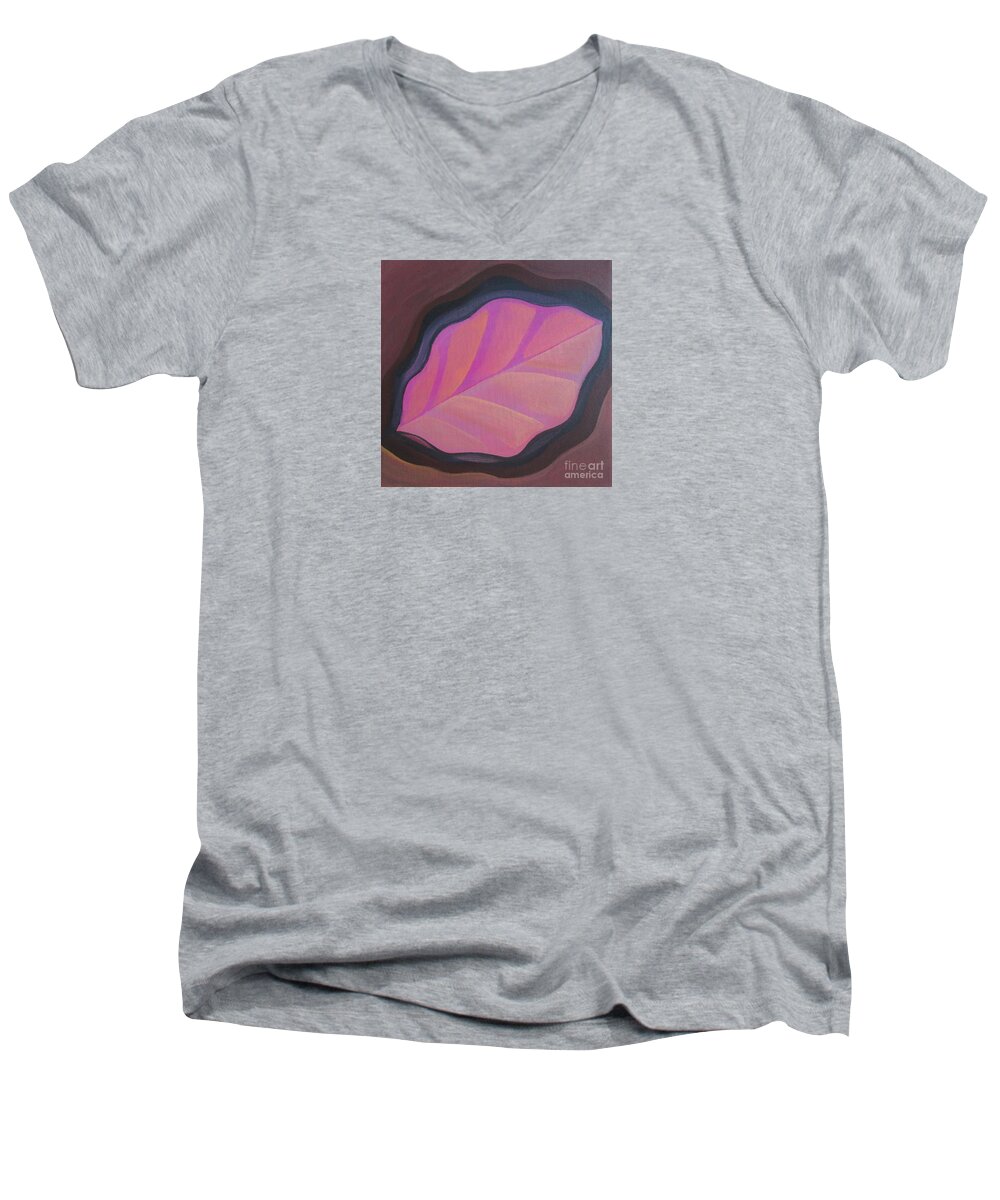 Pink Men's V-Neck T-Shirt featuring the painting Pink Leaf by Helena Tiainen