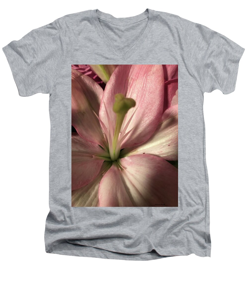 Macro Men's V-Neck T-Shirt featuring the photograph Pink Lily-Macro by Marian Lonzetta