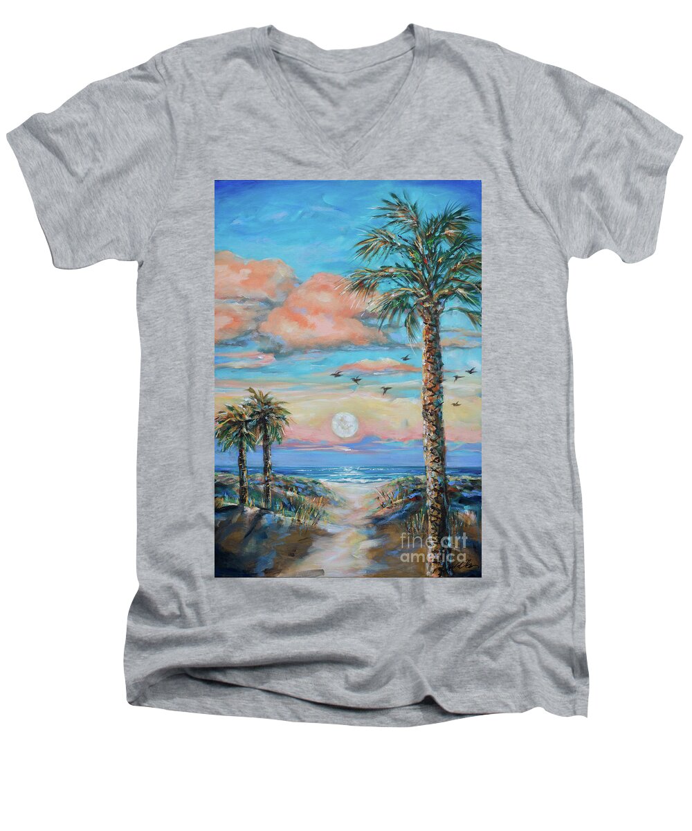 Palms Men's V-Neck T-Shirt featuring the painting Pink Moon Rise by Linda Olsen