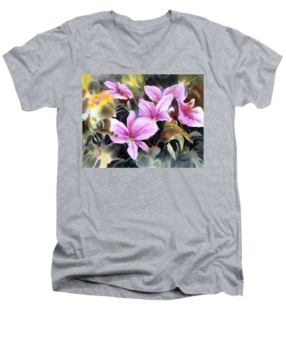 Floral Men's V-Neck T-Shirt featuring the painting Pink Prize by Rae Andrews