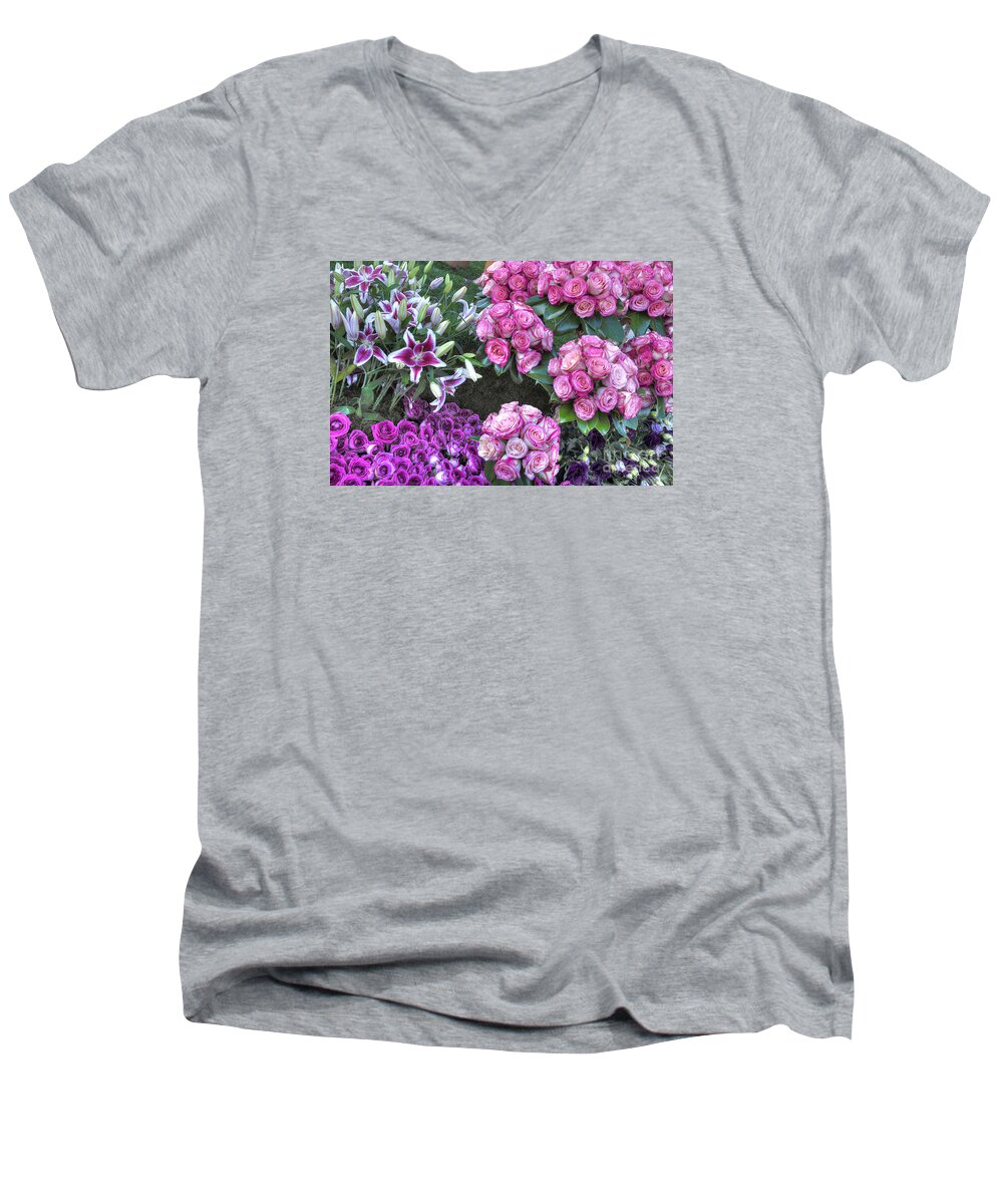 Hdr Roses Men's V-Neck T-Shirt featuring the photograph Pink, Purple and Lillies by Mathias 