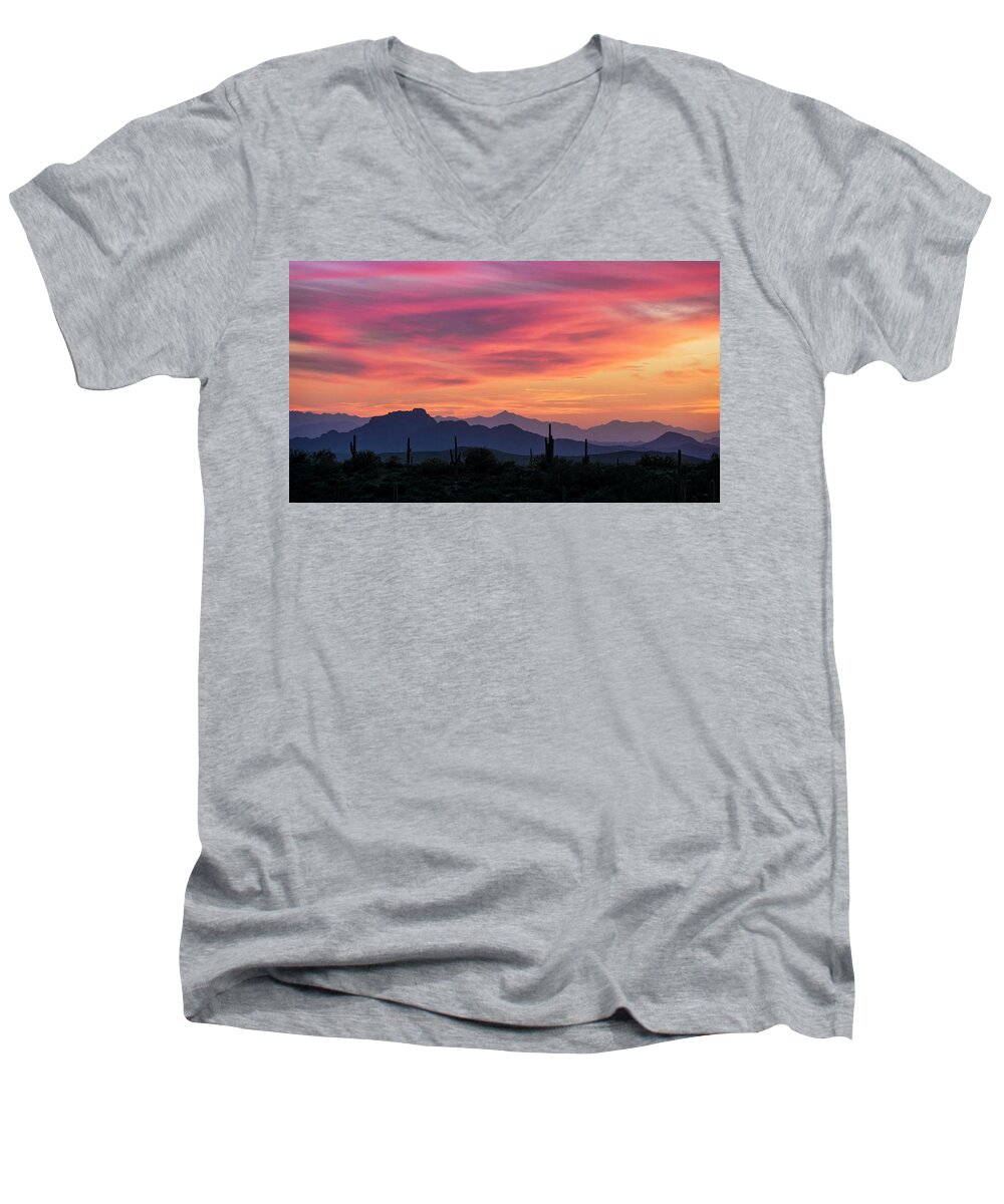 Saguaro Sunset Men's V-Neck T-Shirt featuring the photograph Pink Silhouette Sunset by Saija Lehtonen