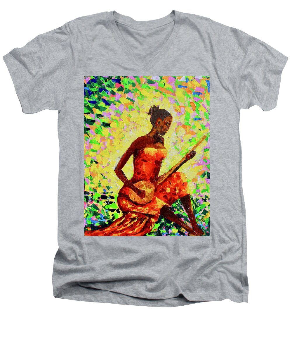 True African Art Men's V-Neck T-Shirt featuring the painting Play the Music by Liz - Nigeria