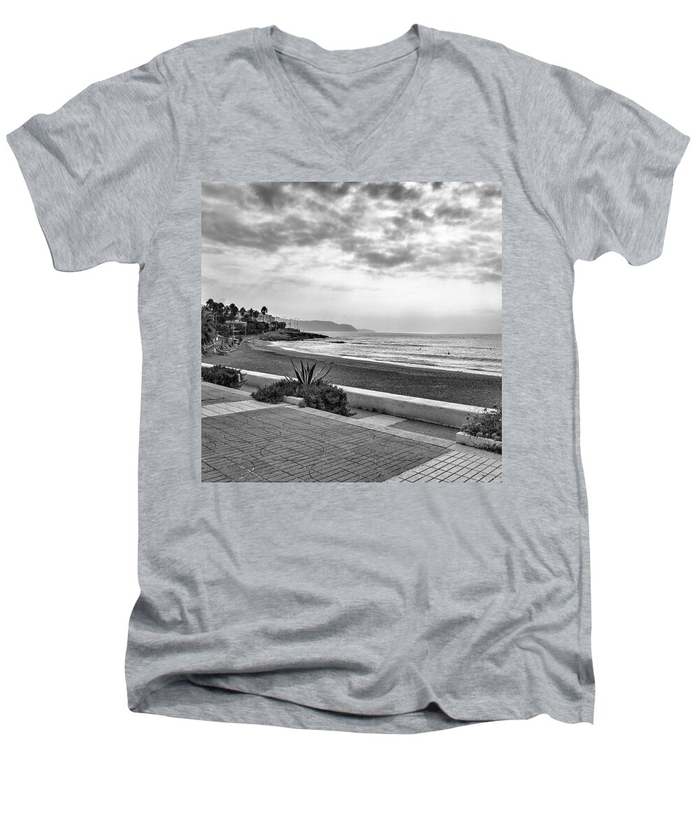 Monochromephotography Men's V-Neck T-Shirt featuring the photograph Playa Burriana, Nerja by John Edwards