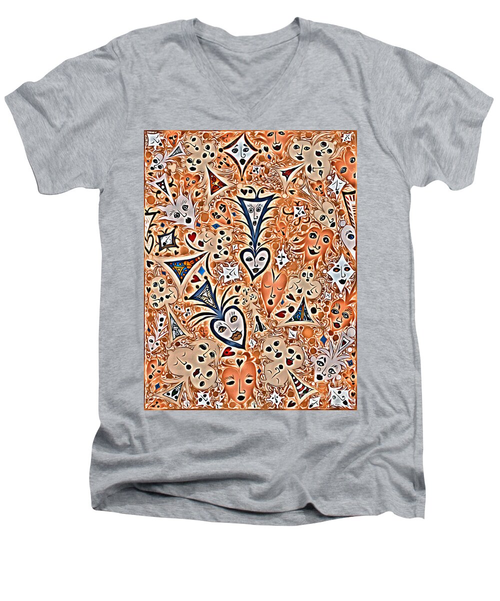 Lise Winne Men's V-Neck T-Shirt featuring the digital art Playing Card Symbols with Faces in Rust by Lise Winne