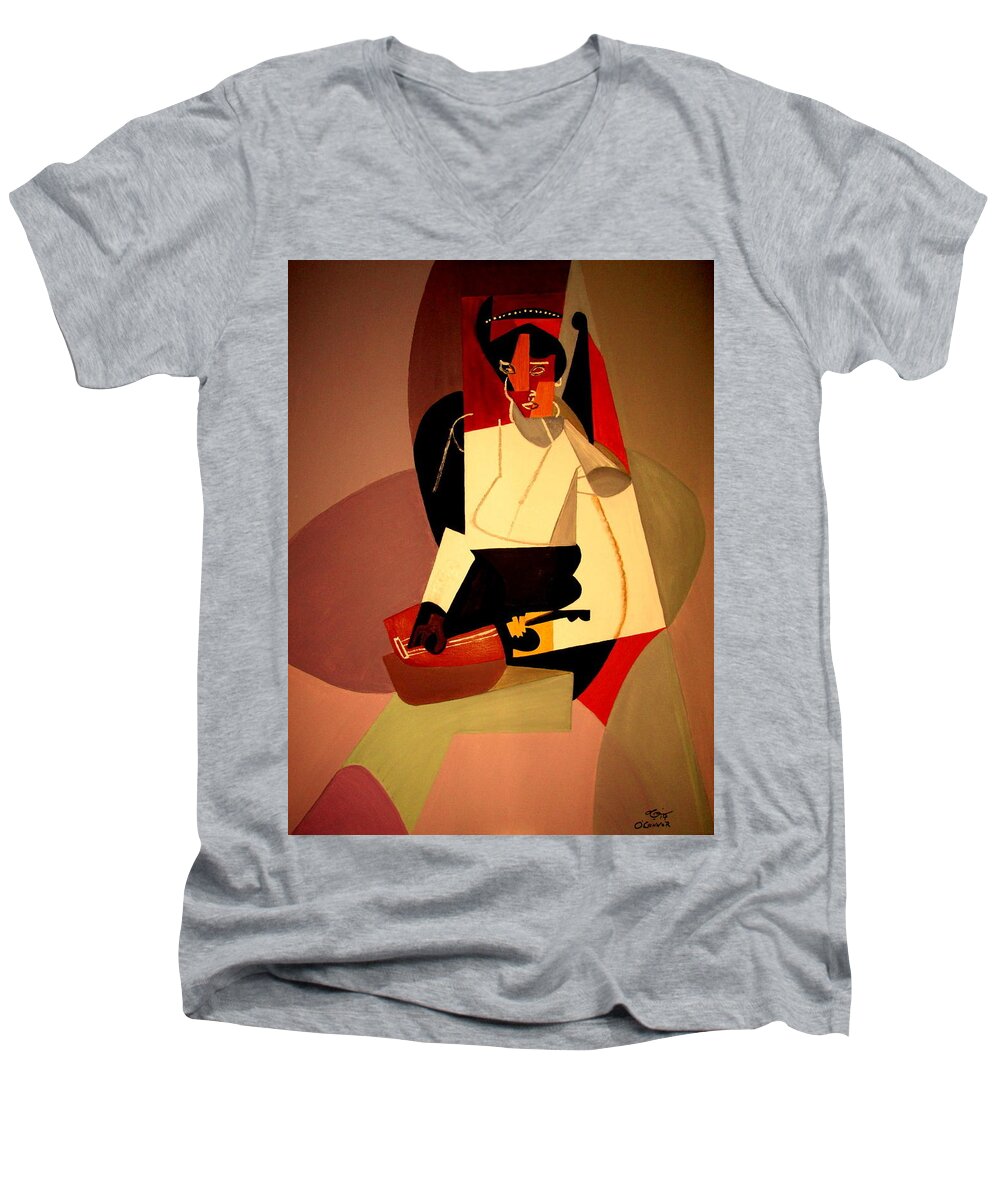 Cubism Men's V-Neck T-Shirt featuring the painting Playing the Mandolin by Bill OConnor