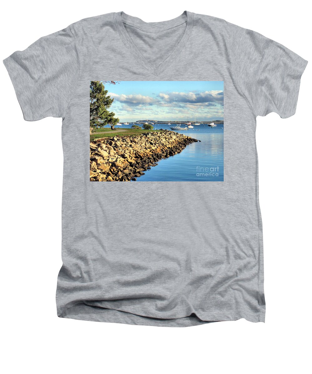 Plymouth Harbor Men's V-Neck T-Shirt featuring the photograph Plymouth Harbor Coastline by Janice Drew