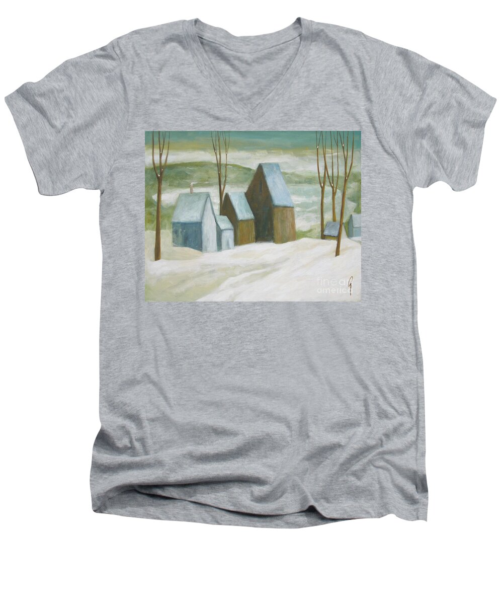 Winter Men's V-Neck T-Shirt featuring the painting Pond Farm In Winter by Glenn Quist
