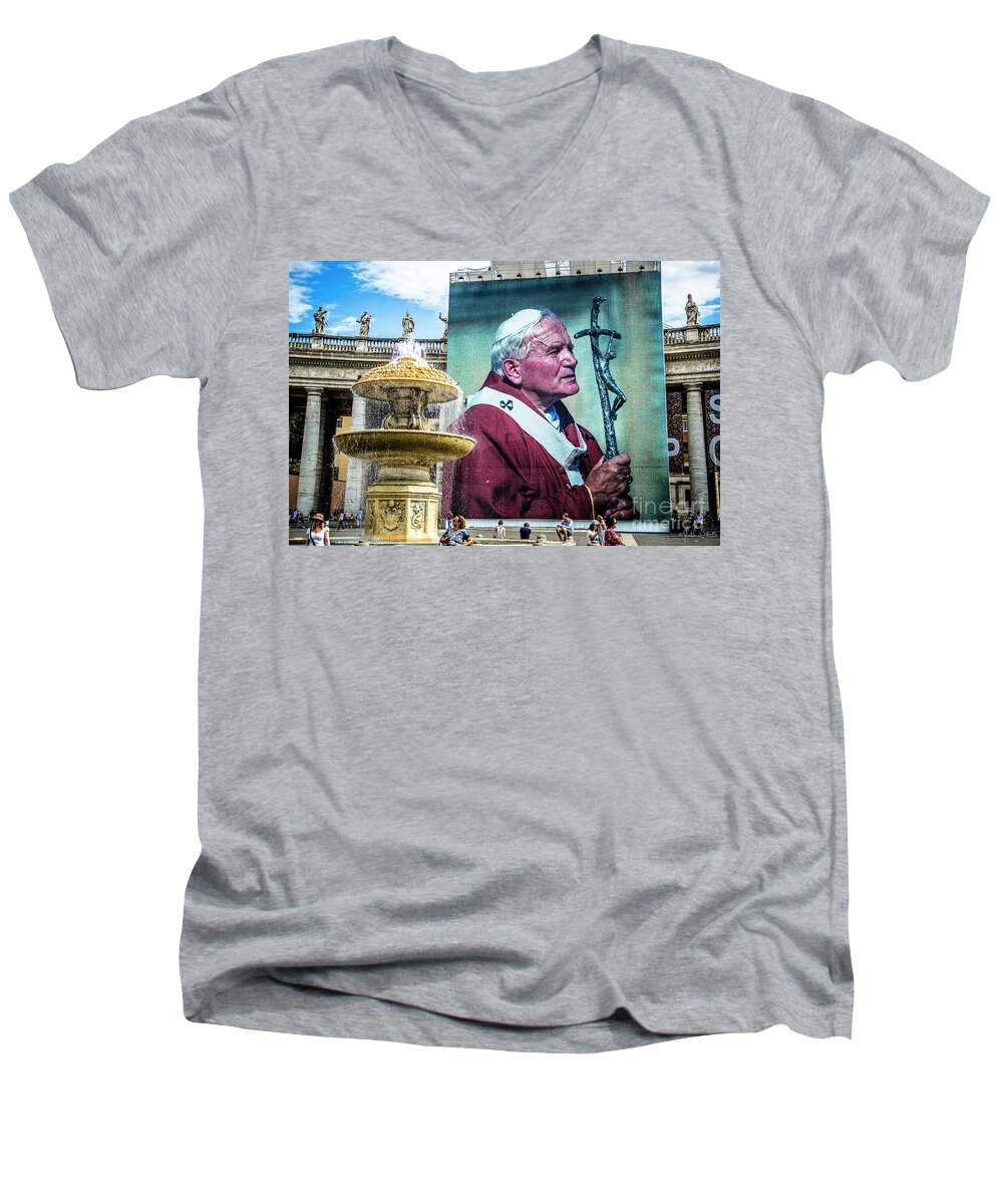 Piazza Men's V-Neck T-Shirt featuring the photograph Pope Saint John Paul II by Julian Starks