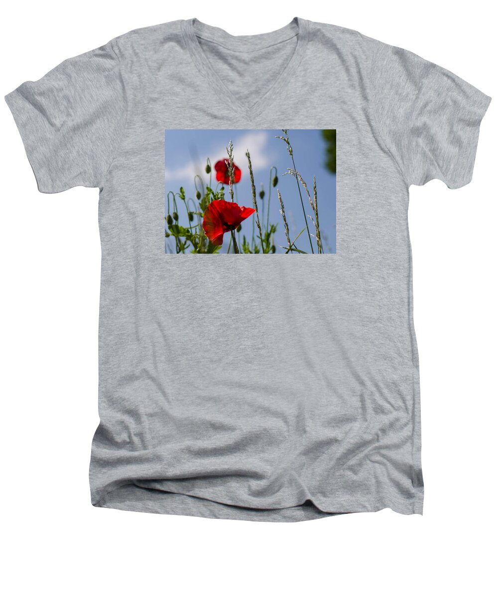 Sun Men's V-Neck T-Shirt featuring the photograph Poppies in the skies by Rainer Kersten