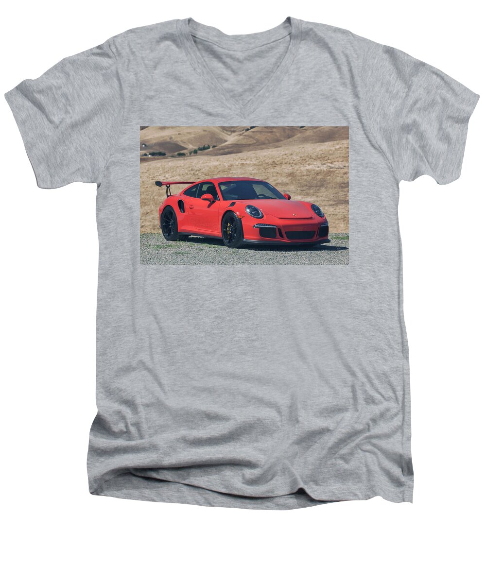 Cars Men's V-Neck T-Shirt featuring the photograph #Porsche #GT3RS #LavaOrange by ItzKirb Photography