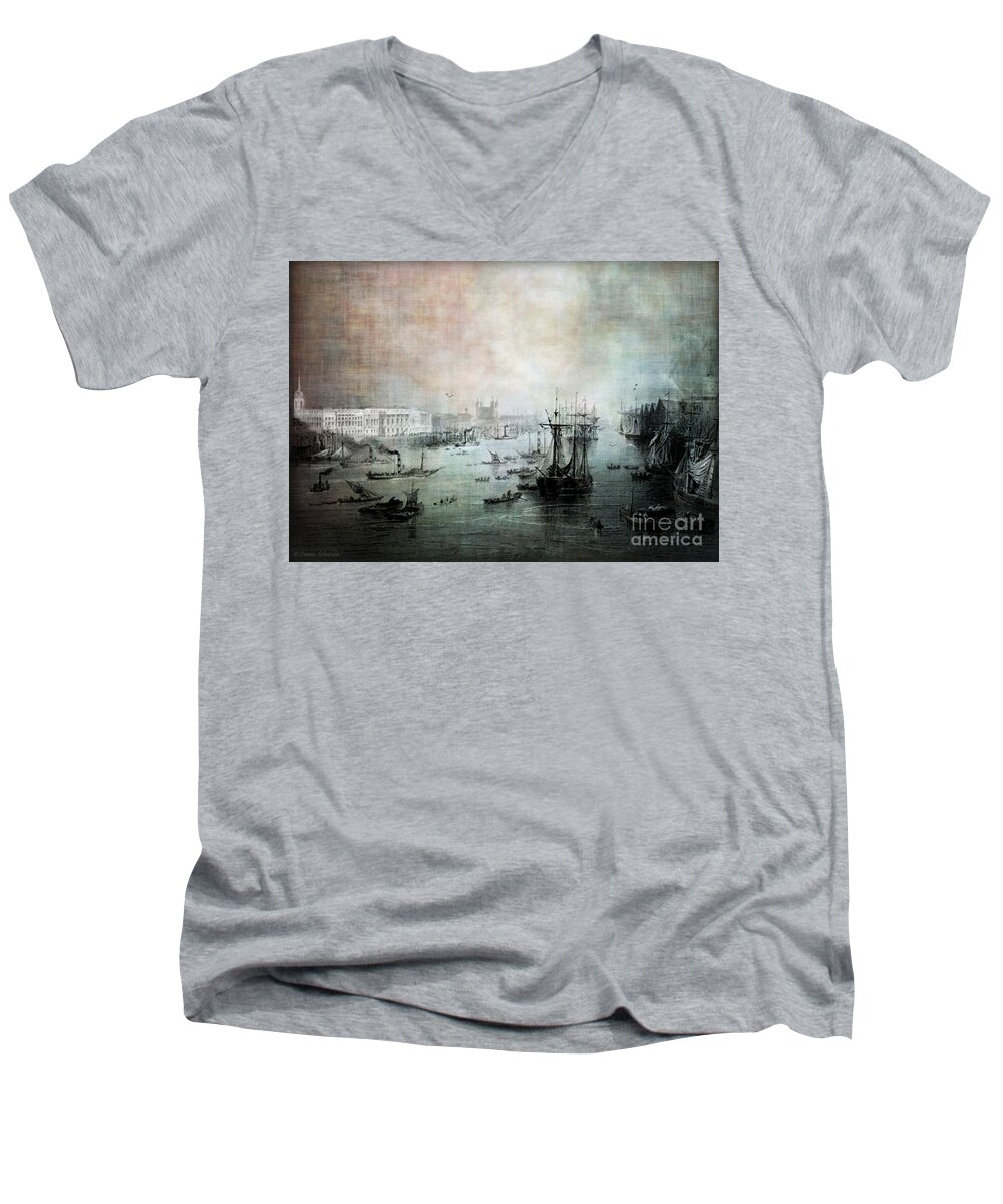 Seascapes Men's V-Neck T-Shirt featuring the digital art Port of London - Circa 1840 by Lianne Schneider