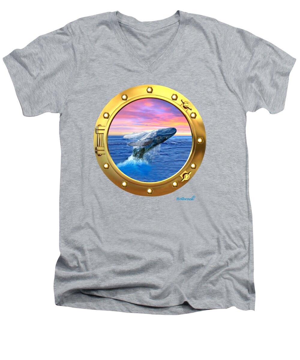 Whale Men's V-Neck T-Shirt featuring the digital art Porthole View of Breaching Whale by Glenn Holbrook