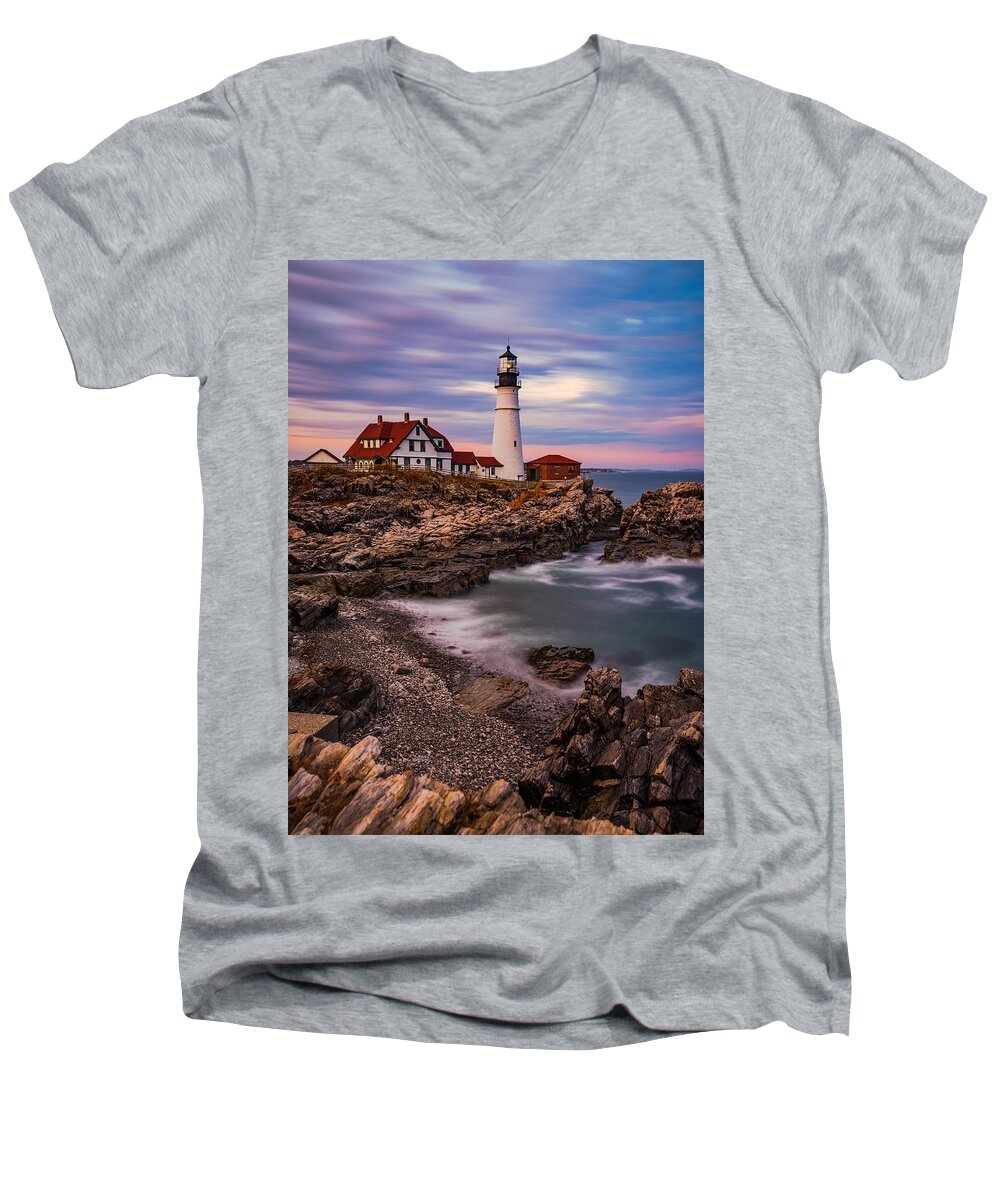 Sunset Men's V-Neck T-Shirt featuring the photograph Portland Head by Darren White
