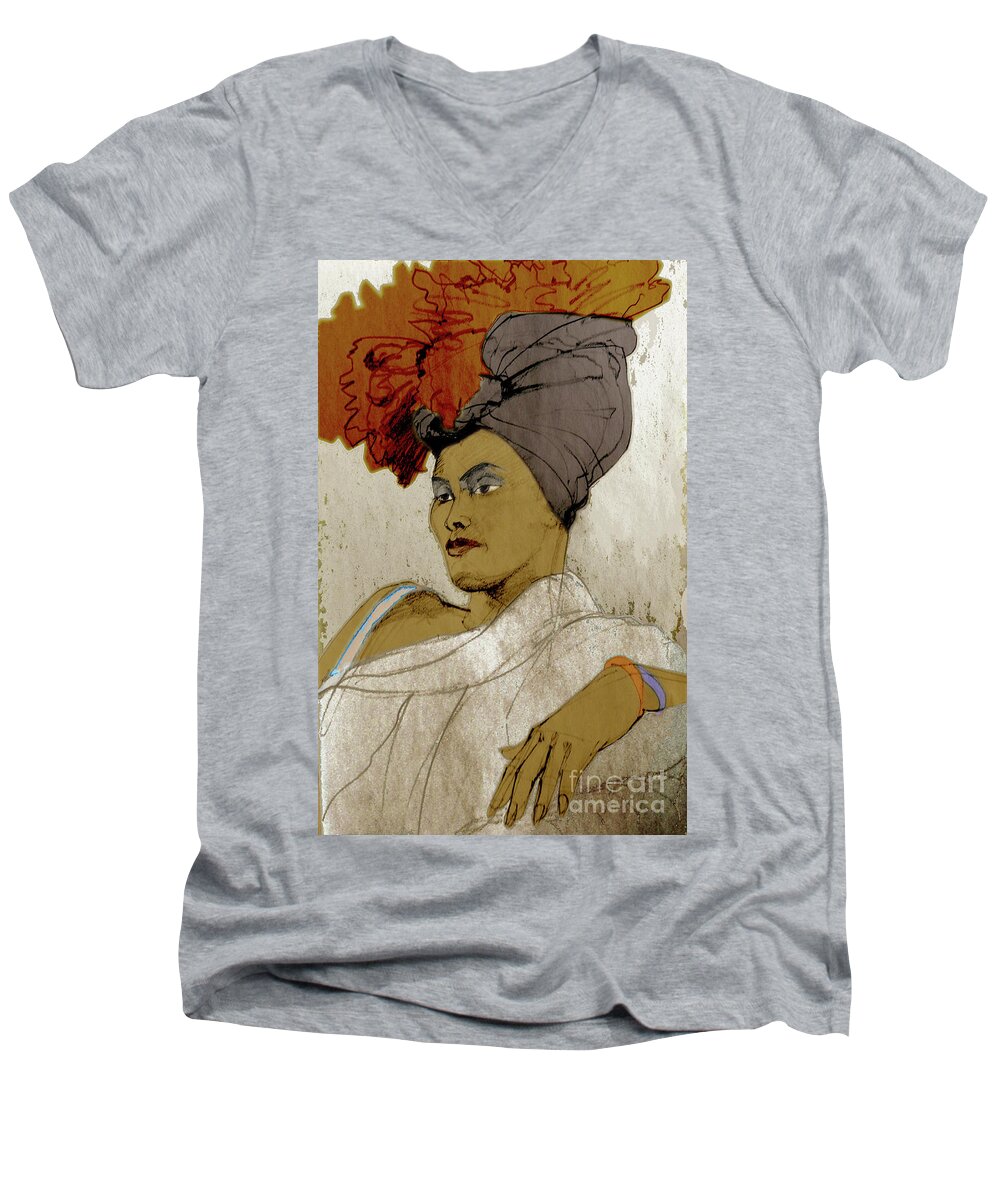 Greta Men's V-Neck T-Shirt featuring the mixed media Portrait of a Caribbean Beauty by Greta Corens