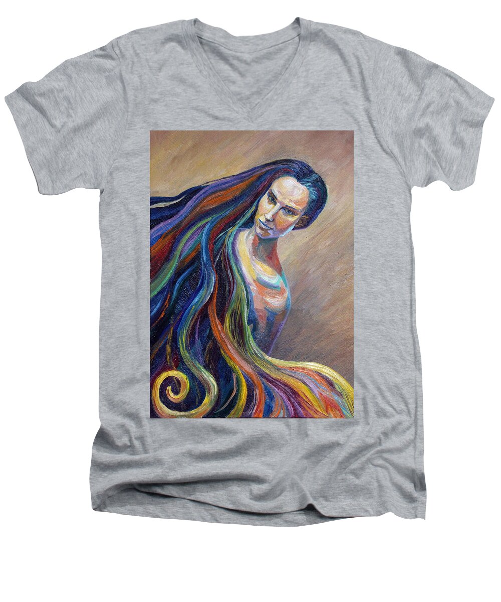 Russian Artists New Wave Men's V-Neck T-Shirt featuring the painting Portrait of a Girl by Alina Malykhina