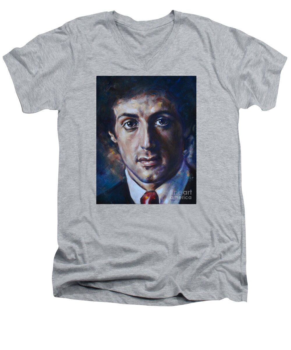 Sylvester Stallone Men's V-Neck T-Shirt featuring the painting Portrait of Sylvester Stallone by Ritchard Rodriguez