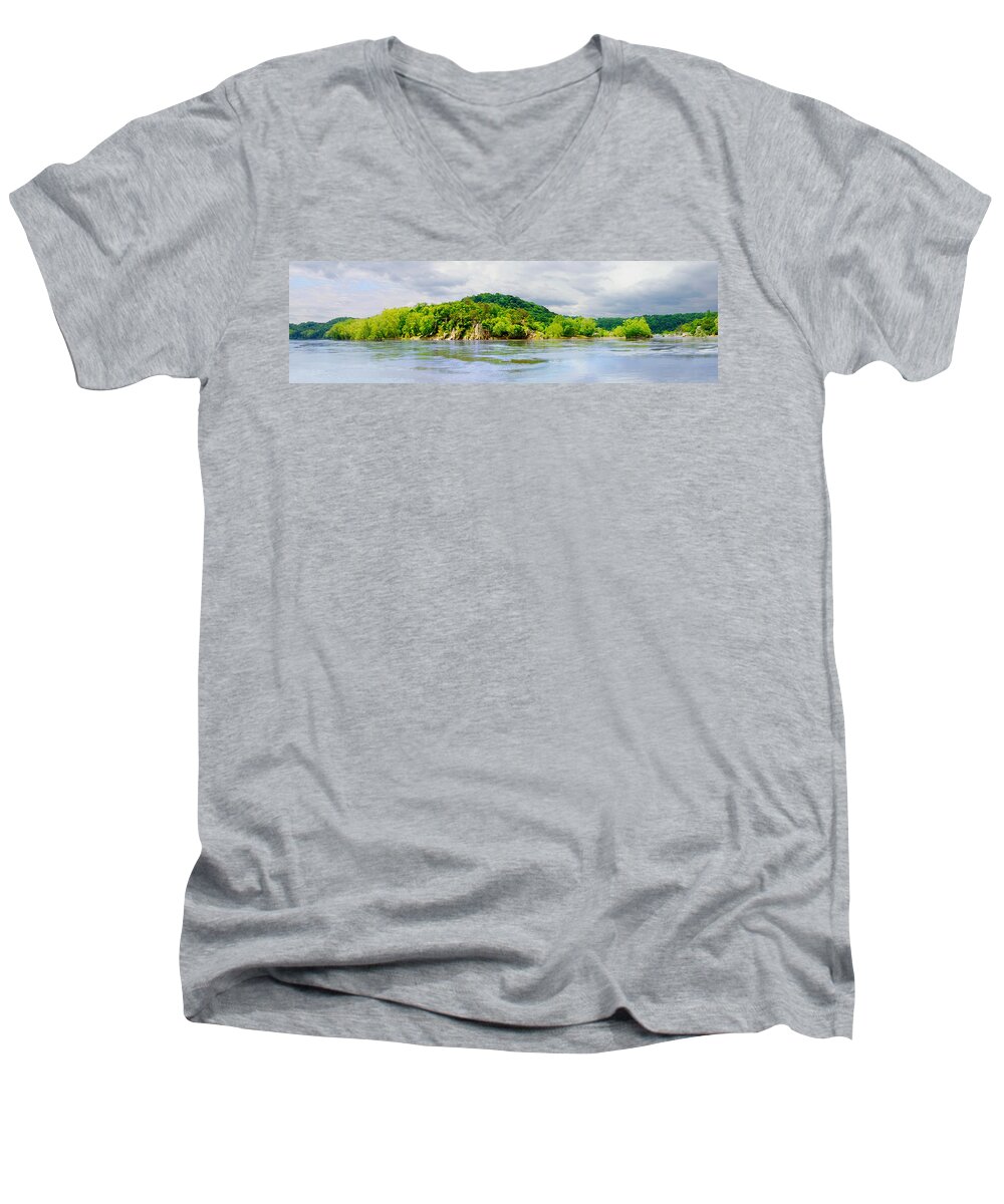 Cliffs; Crag; Deep; Landscape; Hills; Nature; Outdoors; Park; River; Rock; Scenic; Strength; Terrain; Travel; Forest; Vacations; Water; Wild; Palisaides; Storm; Panorama Men's V-Neck T-Shirt featuring the photograph Potomac Palisaides by Frances Miller